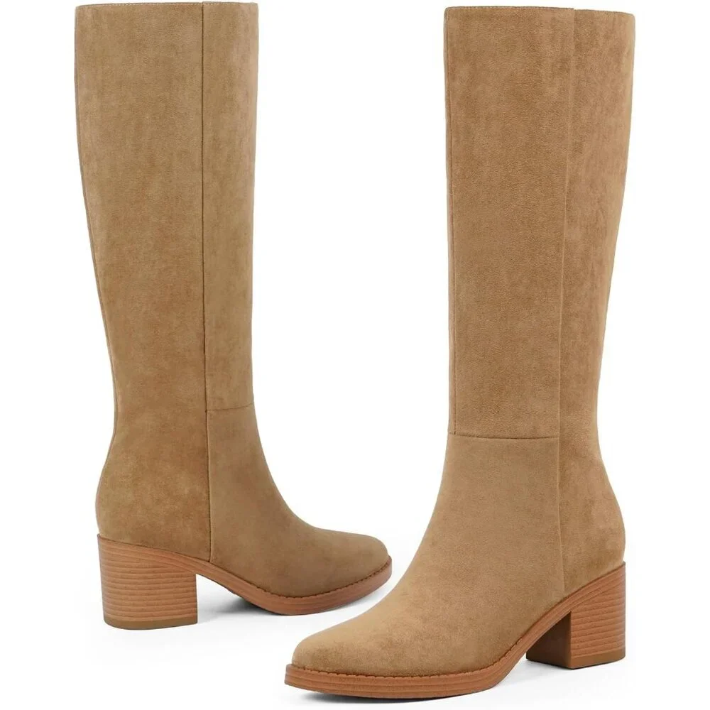 Women's Suede Camel Chunky Heel Round Zipper Winter Dress Tall Knee High Boots